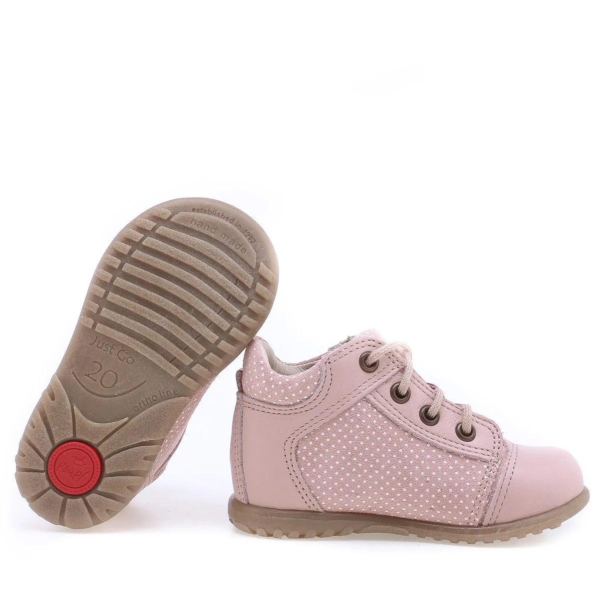 (2369-3) Emel Lace Up First Shoes pink polka dots