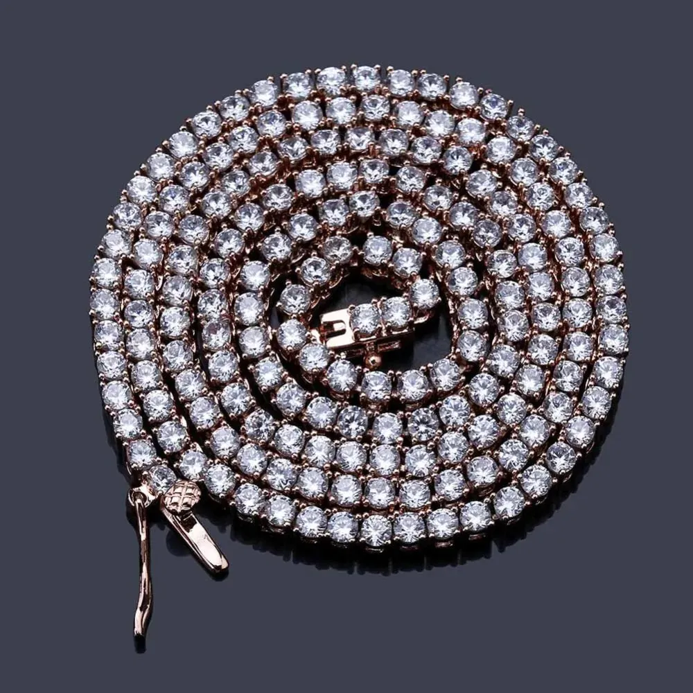 3mm Iced Out AAA Zircon 1 Row Tennis Chain Necklace Men's Hip-hop Jewelry