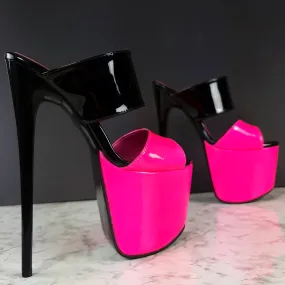 Black Neon Pink Gloss Double Strap Mules