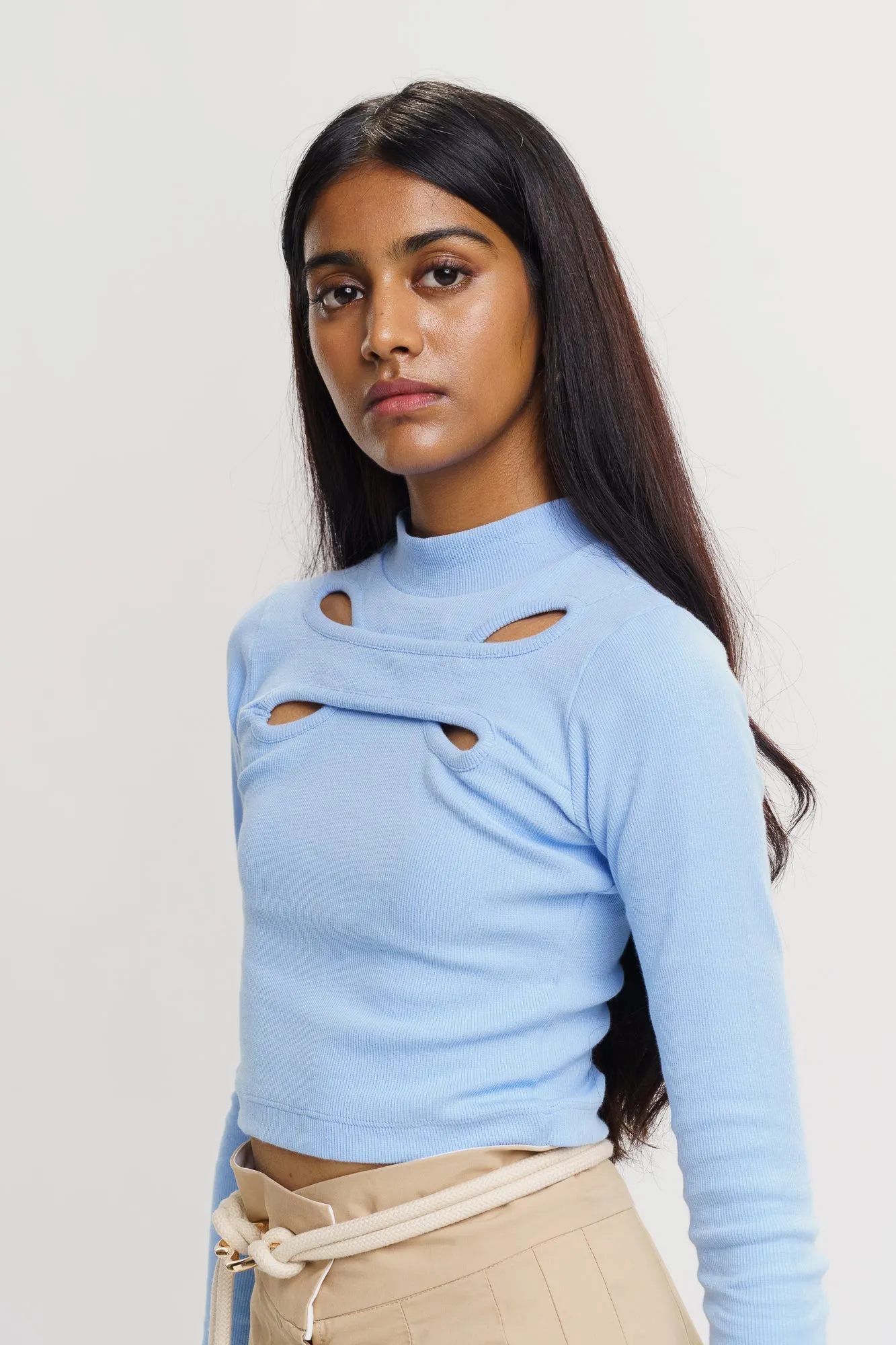 Blue Full Sleeved Ribbed Top