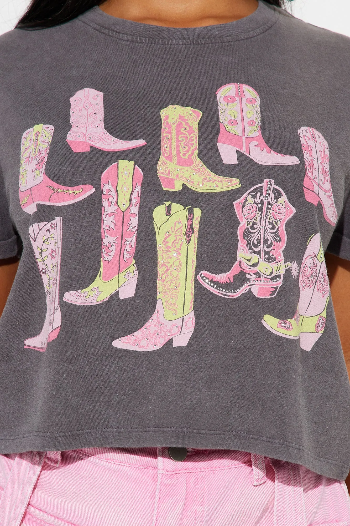 Cowgirl Boots Rhinestone Graphic Tee - Charcoal/combo