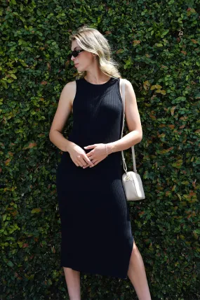 Glowing Black Rib Knit Cut Away Midi Tank Dress