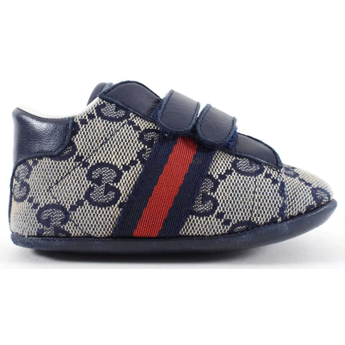 Gucci Baby Monogram Canvas Navy Web Stripe Shoes