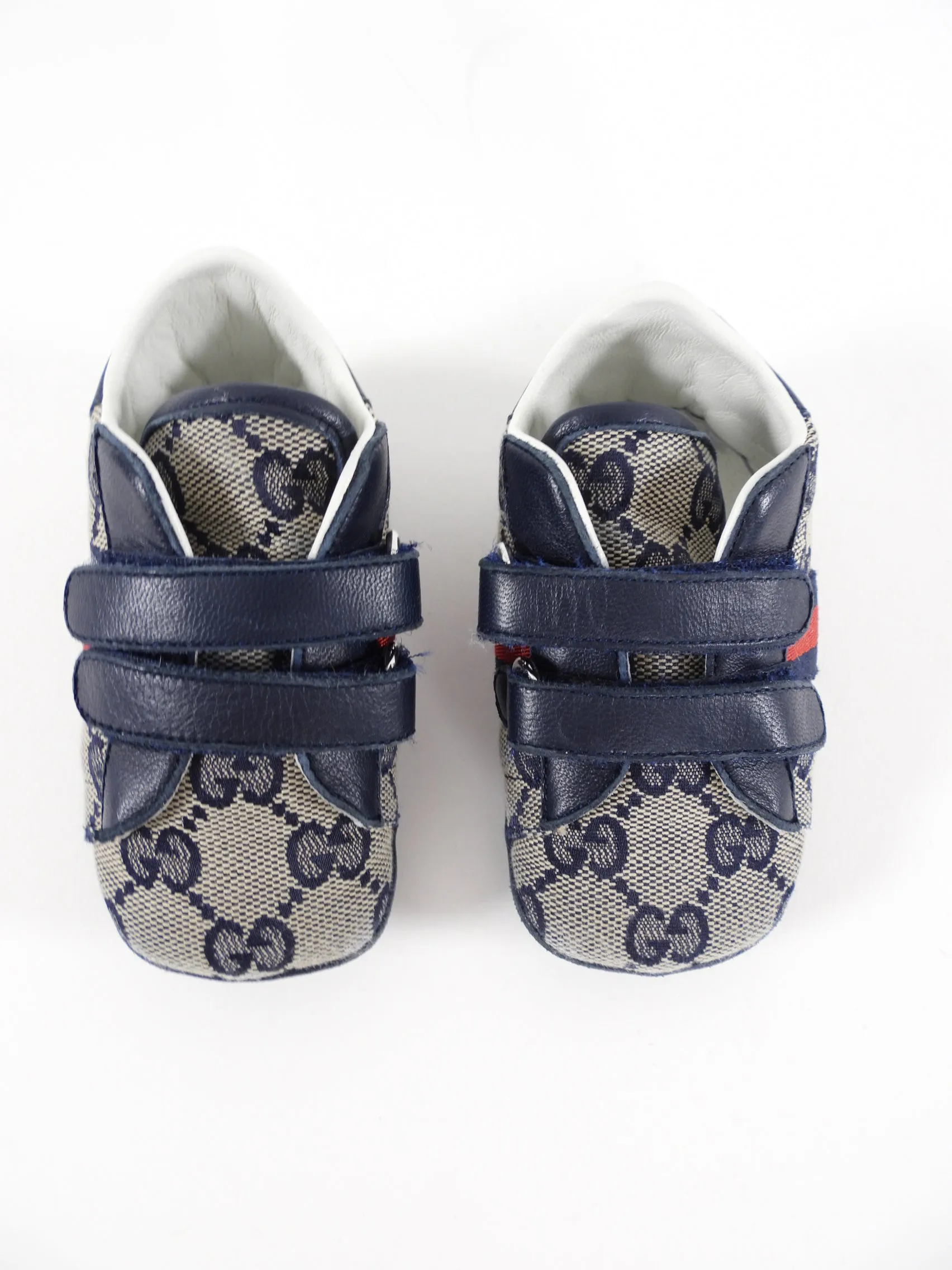 Gucci Baby Monogram Canvas Navy Web Stripe Shoes