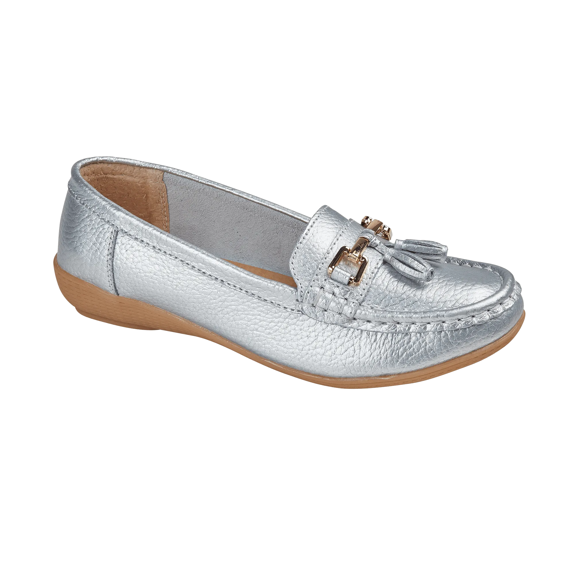 Ladies Leather Slip on Silver Shoes Nautical Flat Jo & Joe