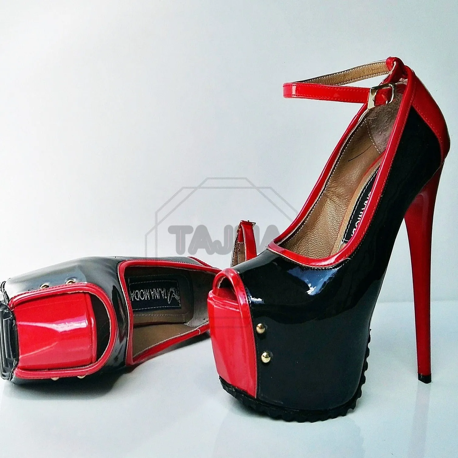 Red and Black Patent Leather High Heel Platform Pumps