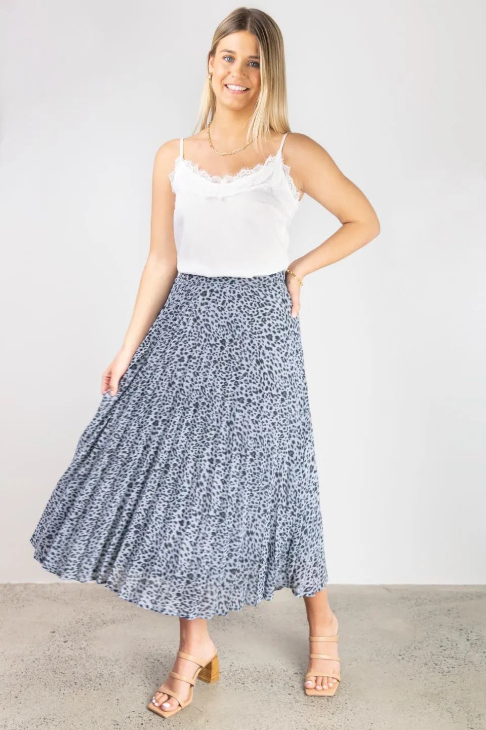 Ritzy Ice Blue Leopard Chiffon Pleated Midi Skirt