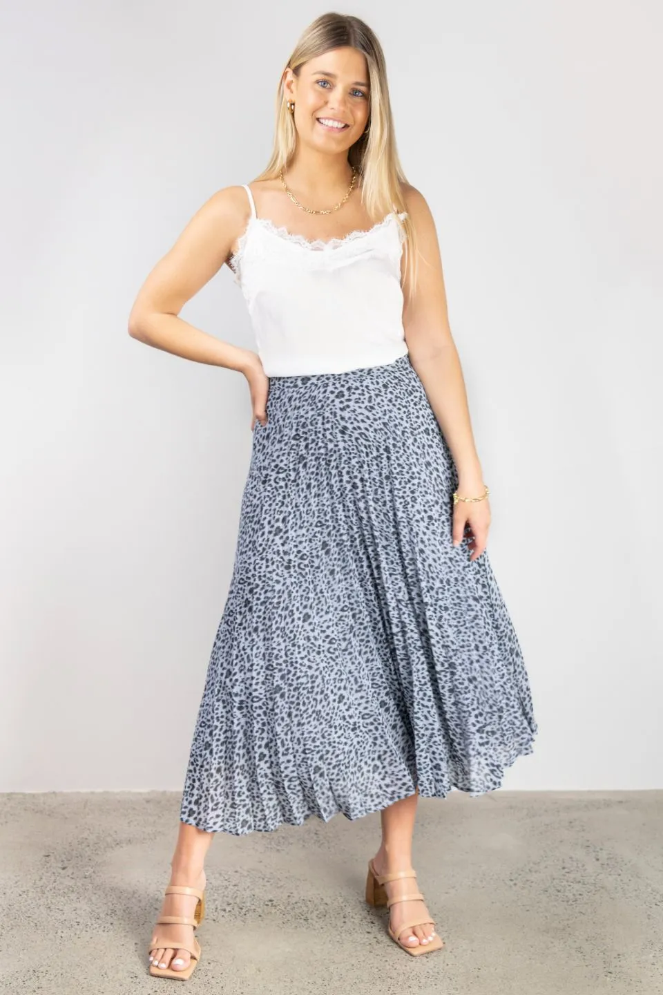 Ritzy Ice Blue Leopard Chiffon Pleated Midi Skirt