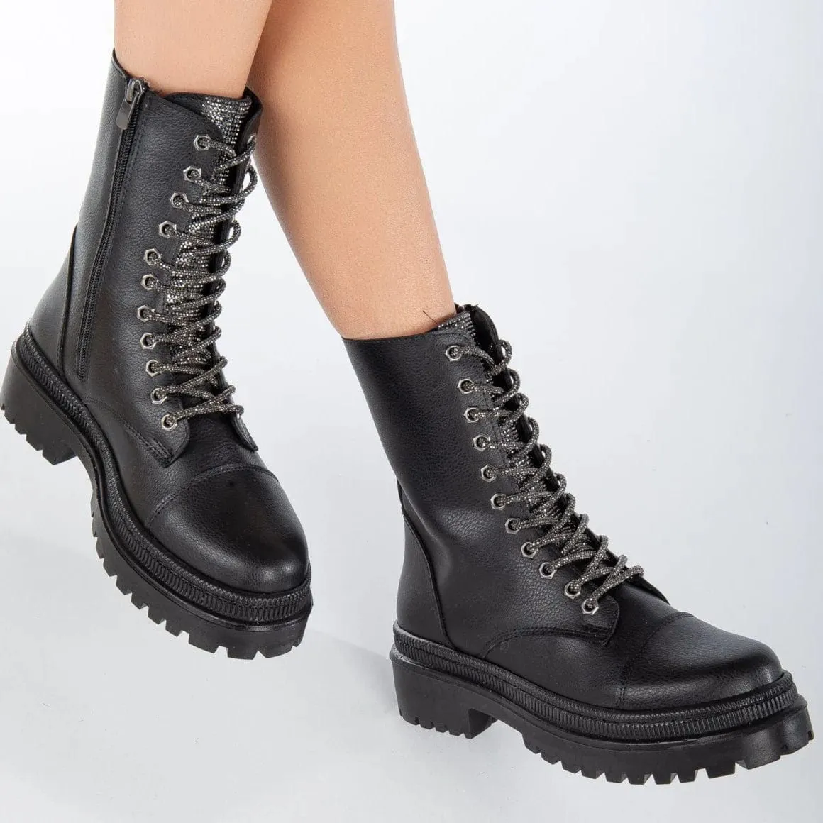 Selene Vegan Leather Glitter Lace Up Combat Boots | Black