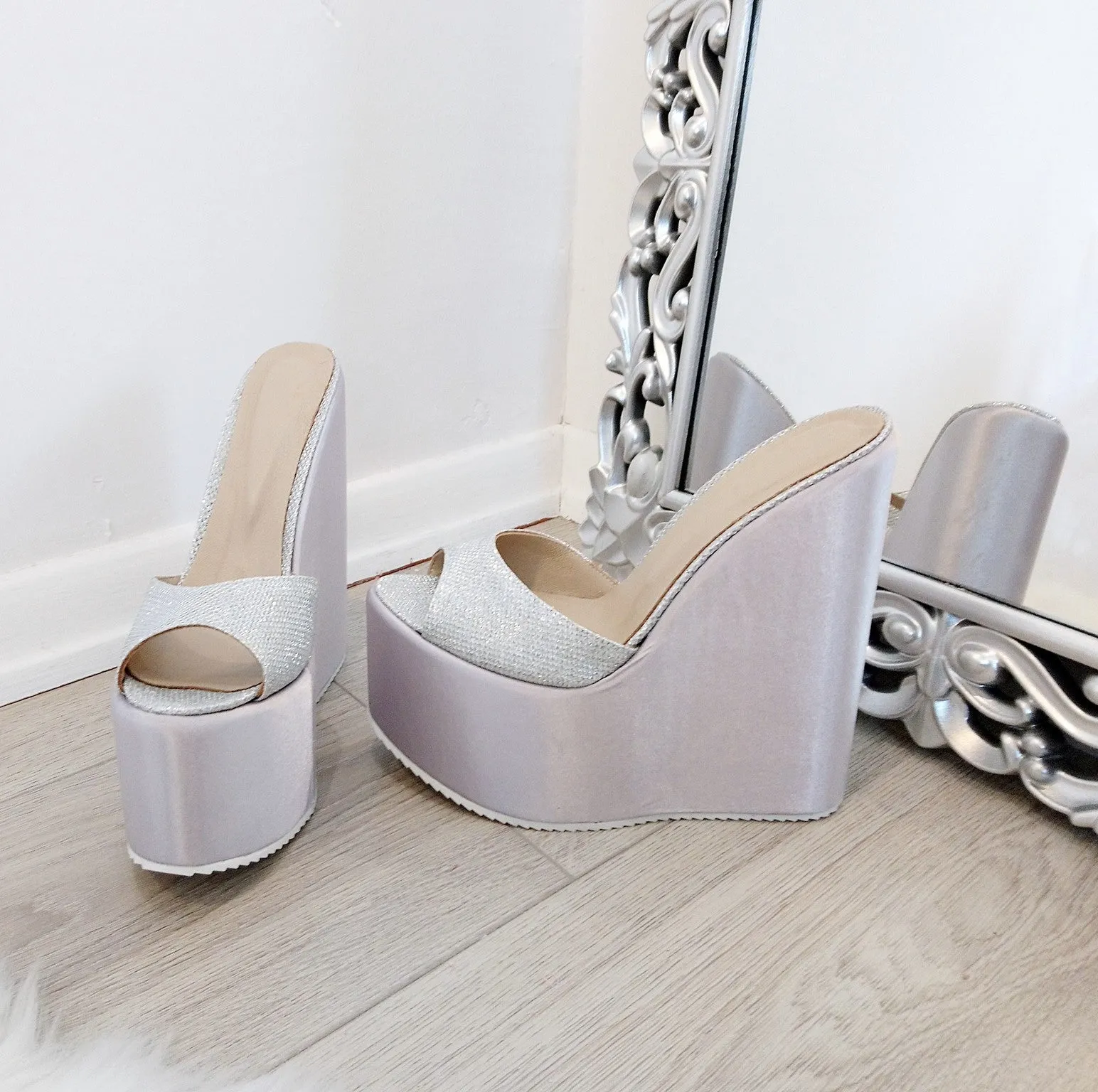 Silver Shine High Heel Platform Wedge Mules