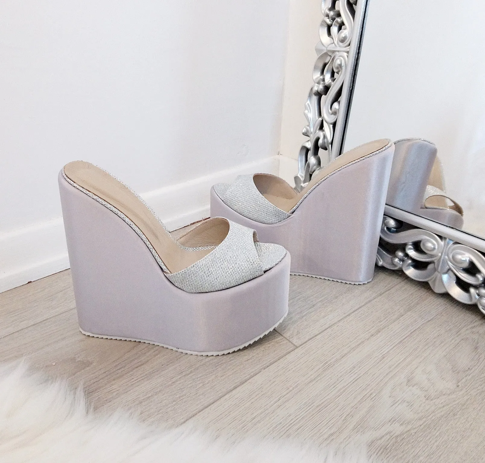 Silver Shine High Heel Platform Wedge Mules