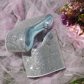 Transparent Strap Silver Platform Wedge Mules 21 cm