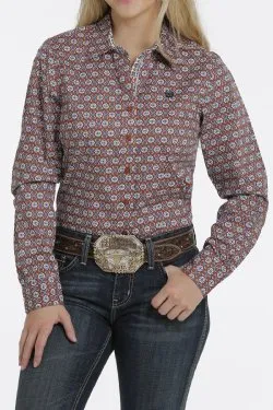 WOMEN'S BUTTON-DOWN WESTERN SHIRT - COPPER/WHITE/BLUE