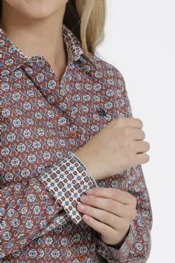 WOMEN'S BUTTON-DOWN WESTERN SHIRT - COPPER/WHITE/BLUE