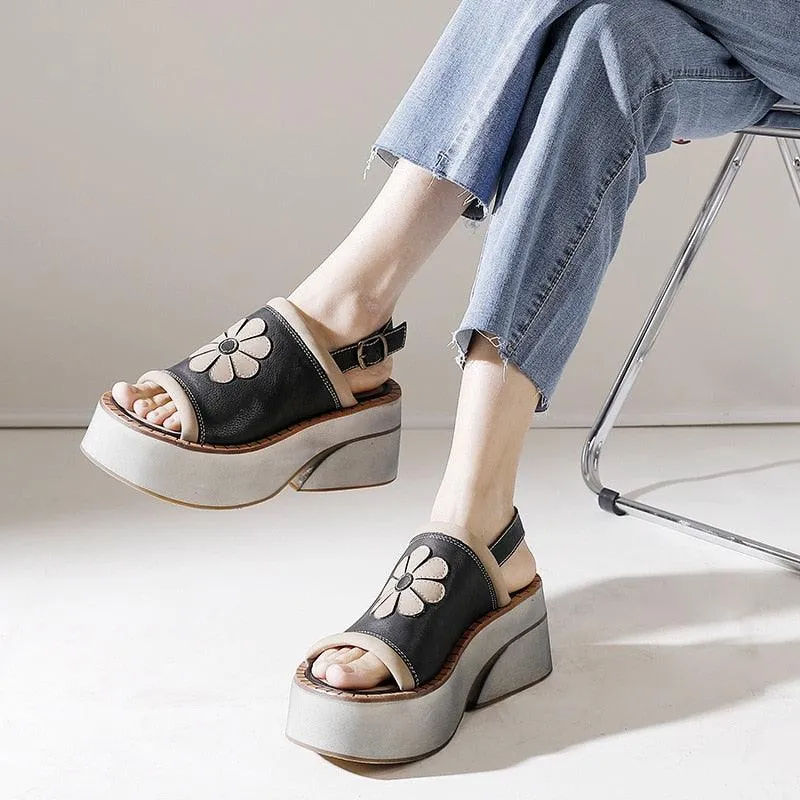 Women's Casual Shoes: GP112 Luxury Leather Platform Flower Sandals